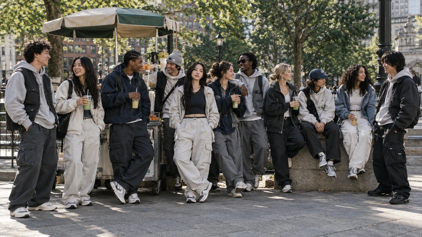 Eine Gruppe junger Menschen in Fieldwear — Cargo, Hoodies, Westen — an einem Saftstand im Park